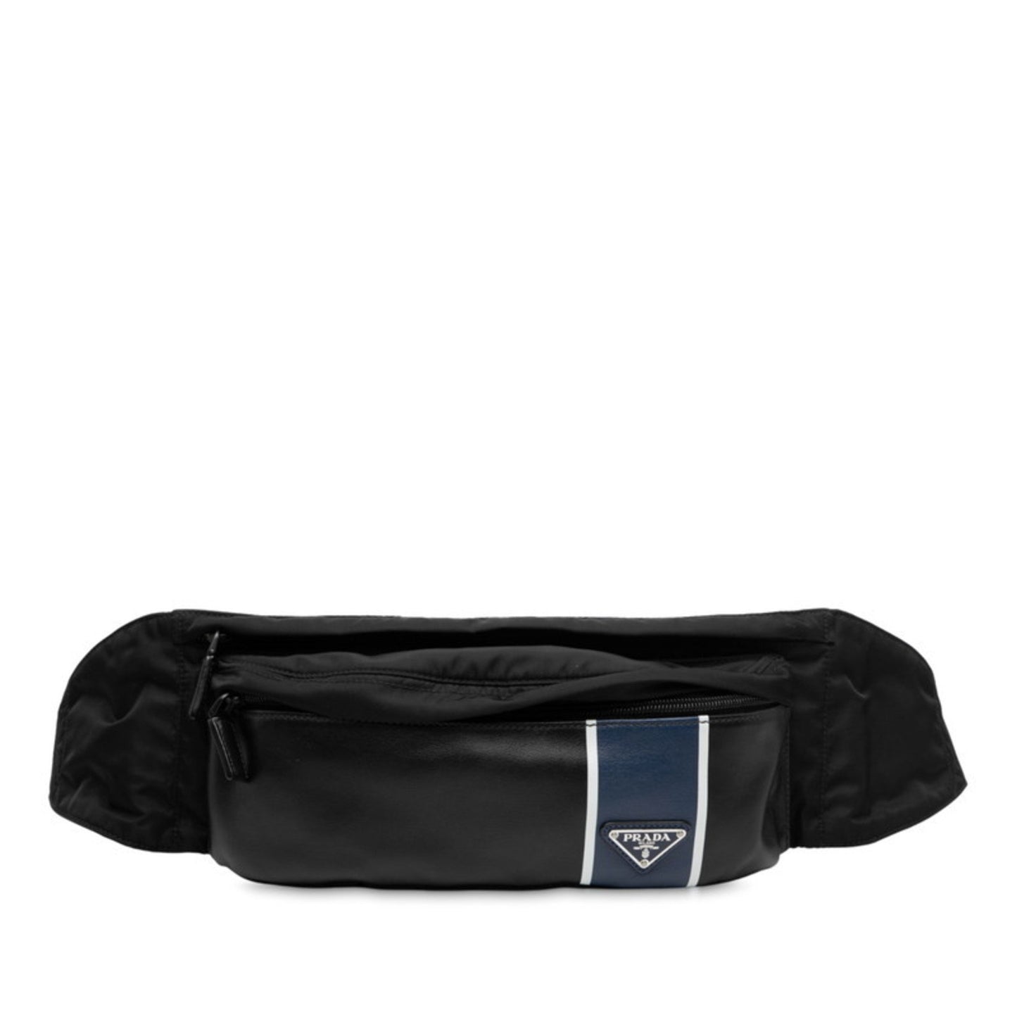 Prada Triangle Logo Plate Body Bag/Waist Bag In Black/Navy Leather/Nylon