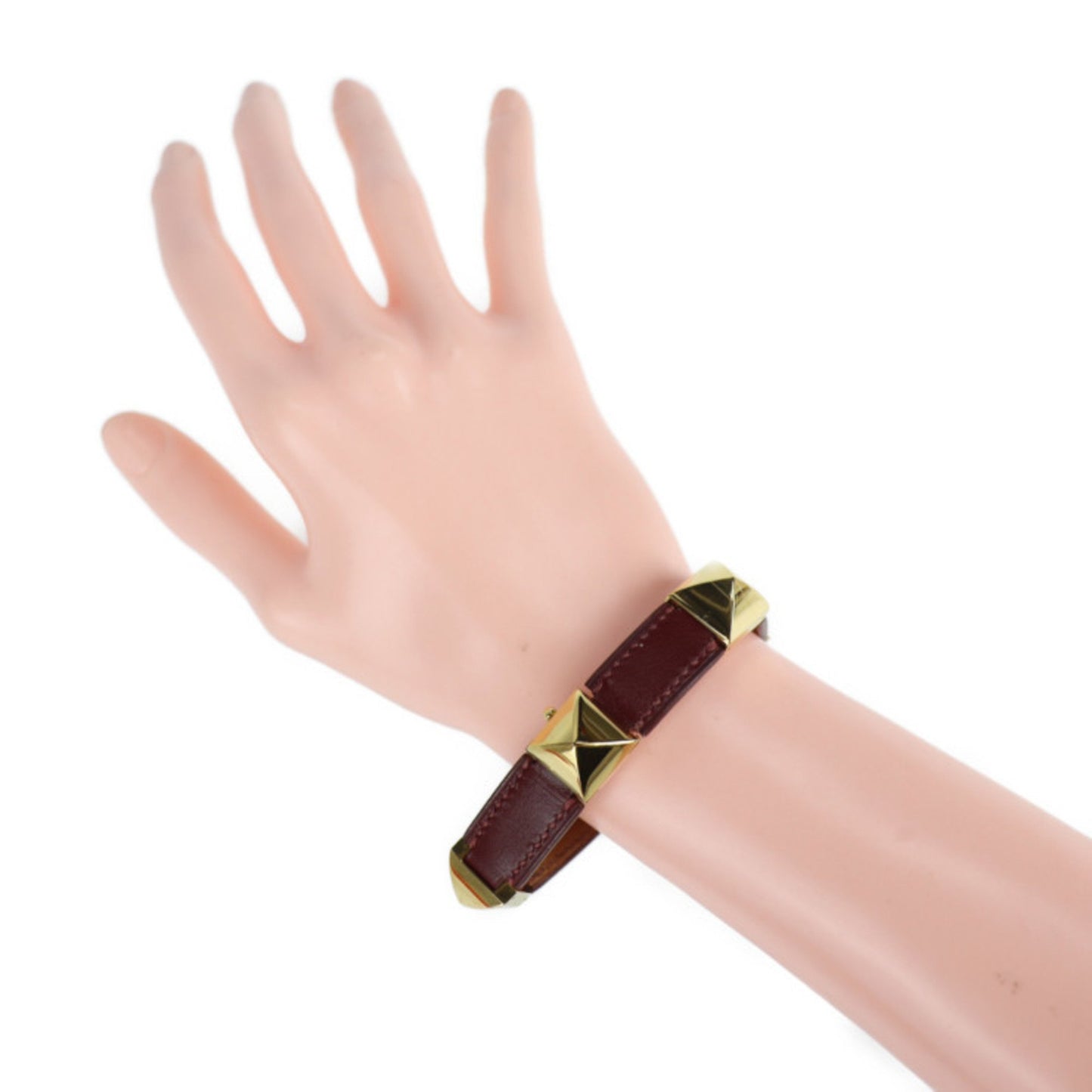 Hermes Hermes Medor Studs Bracelet Leather Red Gold ?V Engraved Metal Fittings Vintage