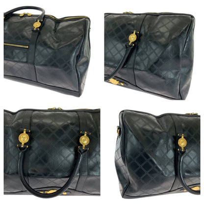 Versace Vintage Sunburst Black Gold Hardware Leather Boston Bag Handbag