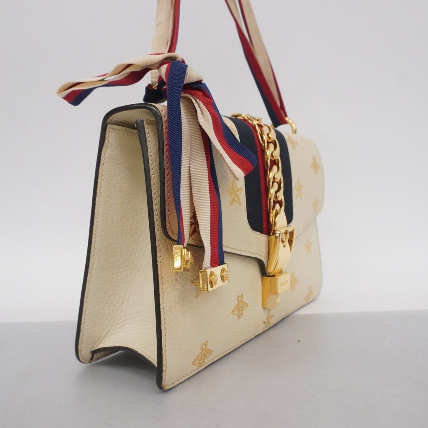 Gucci Sylvie Handbag 524405 Leather Ivory Gold