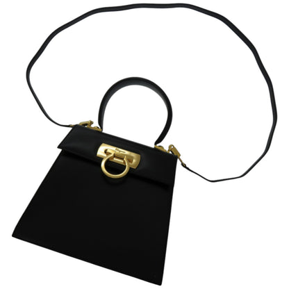Salvatore Ferragamo Gancini Leather Handbag In Black With Gold Hardware