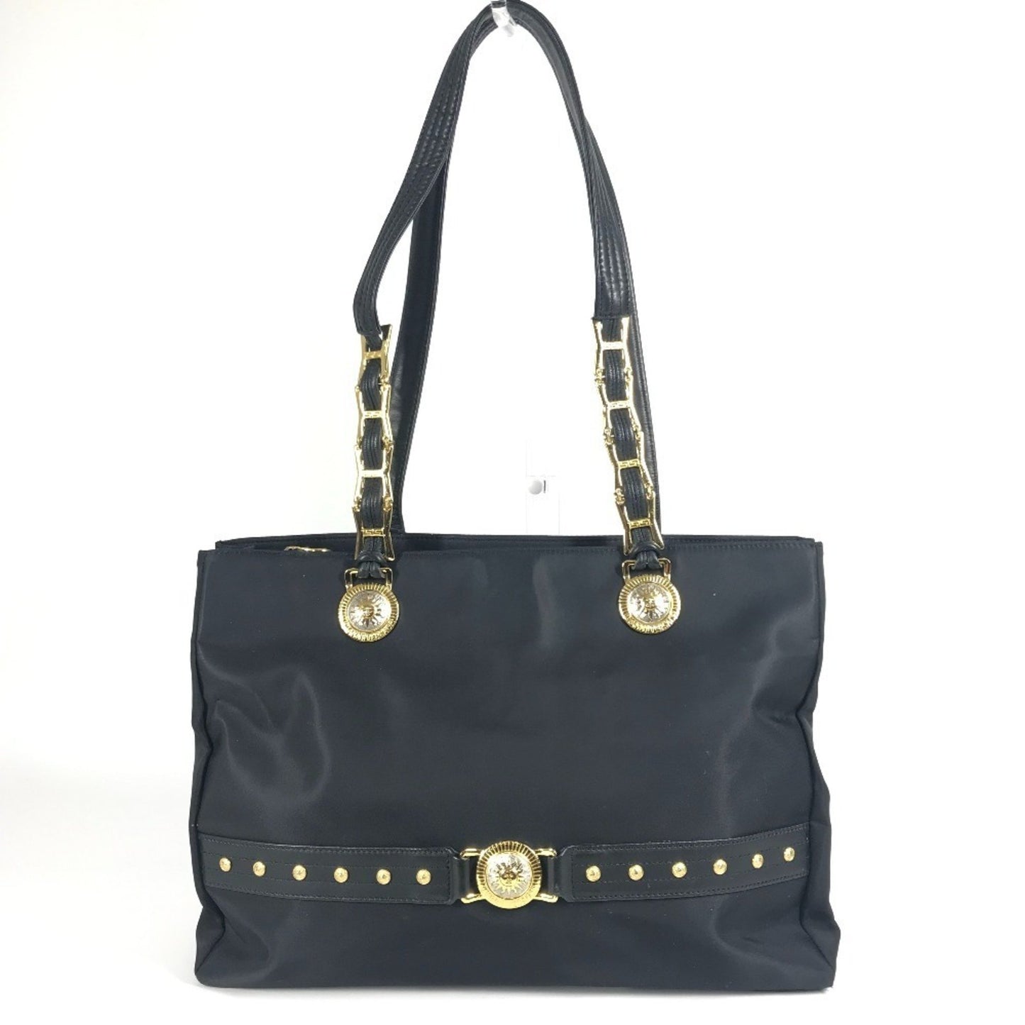 Versace Logo Sunburst Tote Bag With Chain Shoulder In Nylon/Leather
