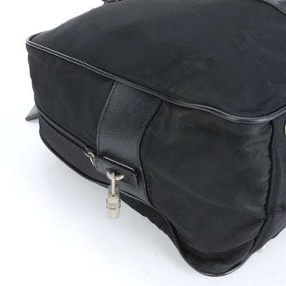 Prada Tessuto Nylon Triangular Logo Leather Boston Bag Tote Travel Black