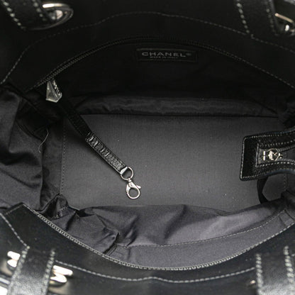 Chanel Paris Biarritz Tote Pm Bag Shoulder Black Leather Coated Canvas