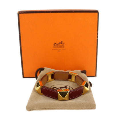 Hermes Hermes Medor Studs Bracelet Leather Red Gold ?V Engraved Metal Fittings Vintage