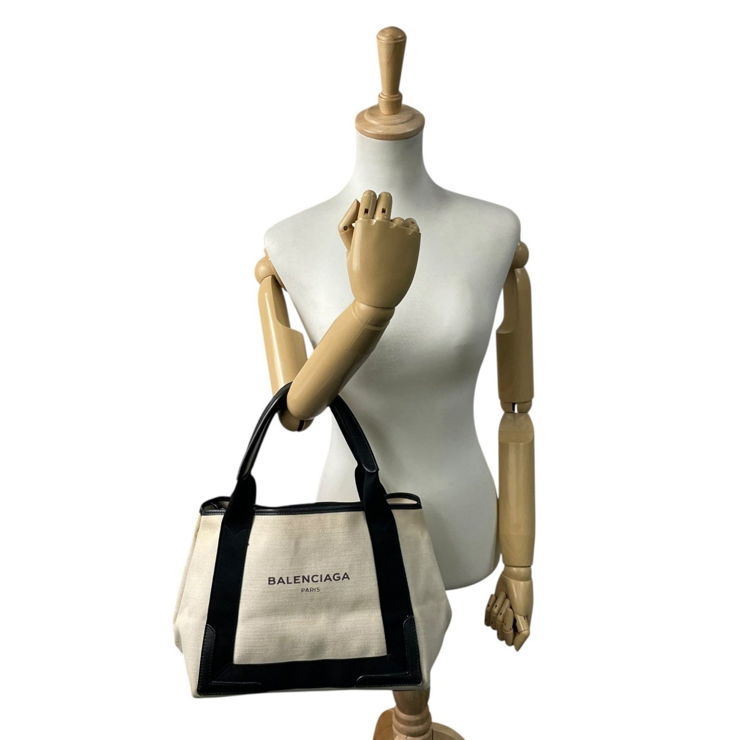 Balenciaga Cabas Handbag Tote Bag In White And Black Canvas With Leather Pouch