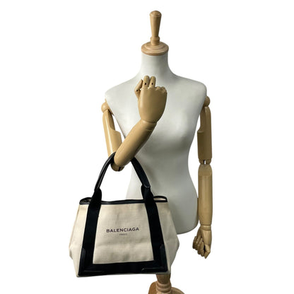 Balenciaga Cabas Handbag Tote Bag In White And Black Canvas With Leather Pouch