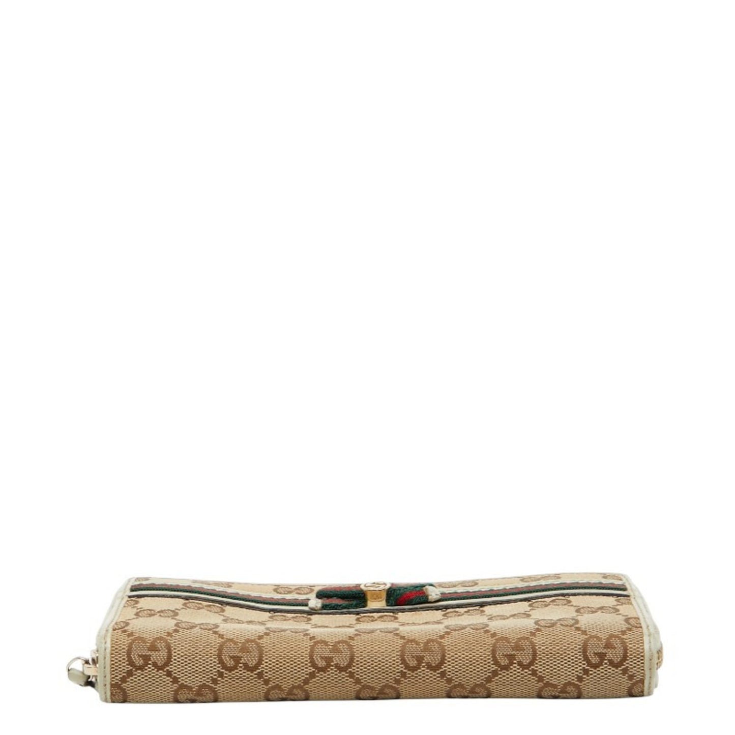 Gucci Gg Canvas Sherry Line Ribbon Round Zip Long Wallet 257003 Beige Multicolor Leather