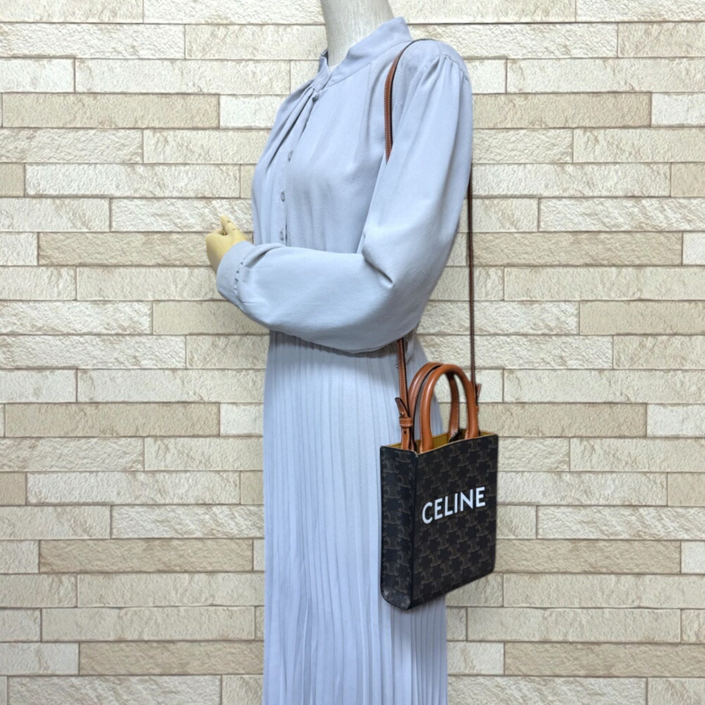 Celine Mini Vertical Cabas Triomphe Shoulder Bag Coated Canvas 194372 Brown