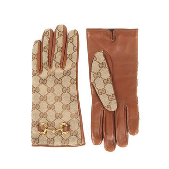 Gucci Men'S Brown Gg Monogram Lamb Leather Gloves With Gold Bits