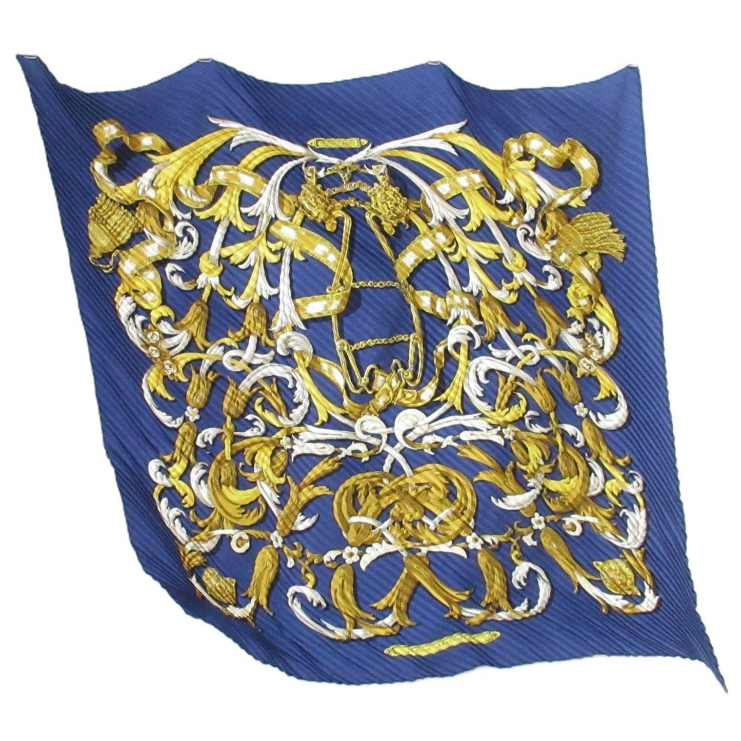 Hermes Le Mors A La Conetable Pleated Silk Scarf/Muffler In Navy