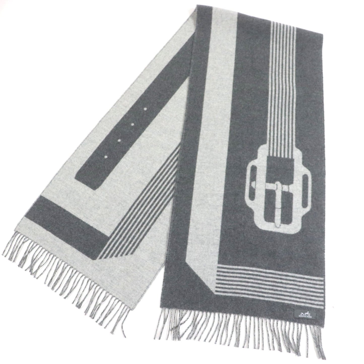 Hermes Sangle Boucle 100% Cashmere Antogracito Gris Clair Fringed Scarf