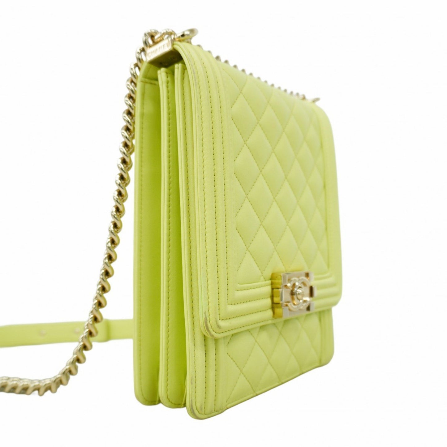 Chanel Shoulder Bag Boy Chain Lambskin Green Champagne