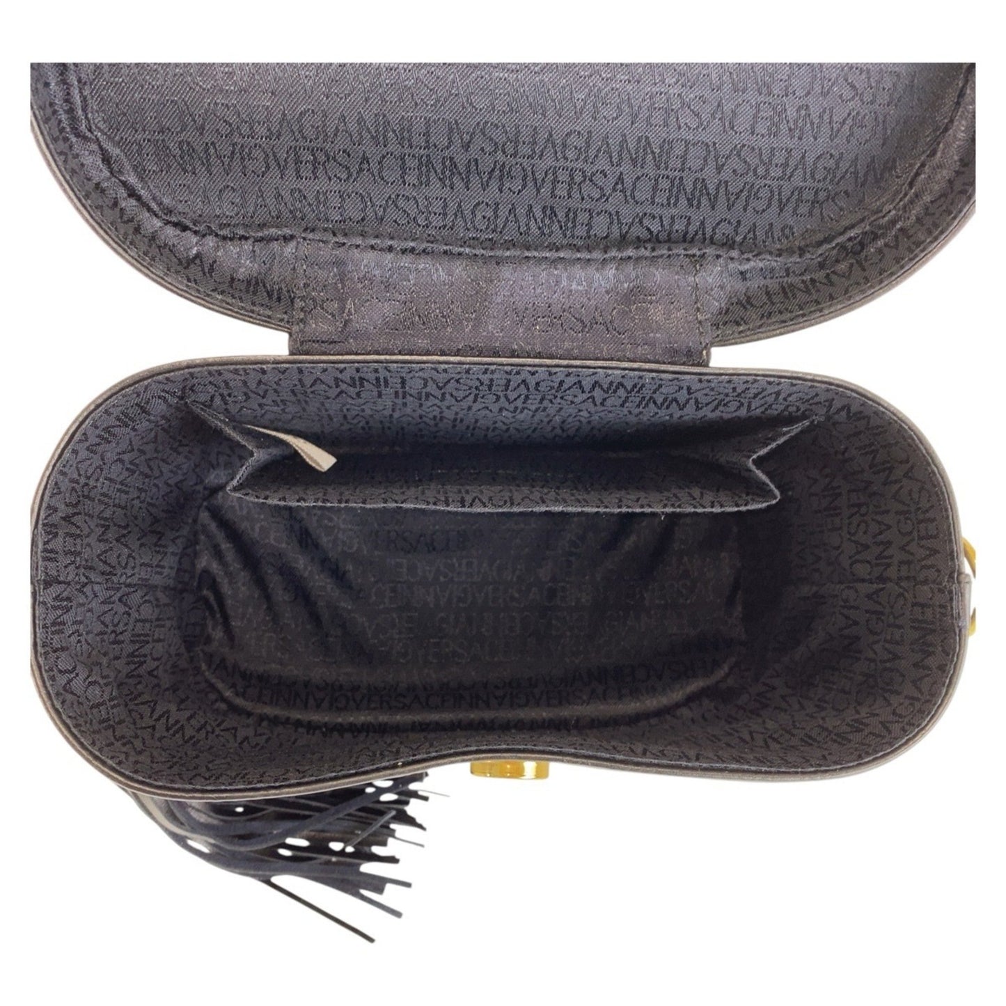 Versace Vintage Medusa Sunburst Black Gold Hardware Leather Shoulder Bag Vanity Handbag 2Way