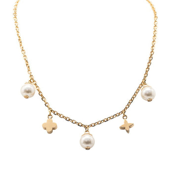 Louis Vuitton Charmy Pearl Monogram Flower Pendant Necklace M75443 Gold Plated