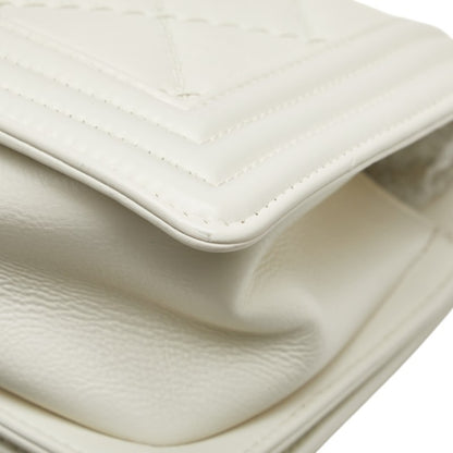 Chanel Matelasse Boy Chanel Coco Mark Chain Shoulder Bag White Leather