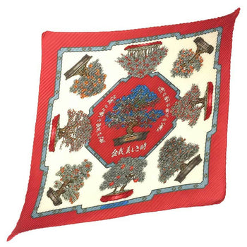 Hermes Pleated Scarf Carr 90 Bonsai Beautiful Time Ivory X Red 100% Silk Hermes Muffler