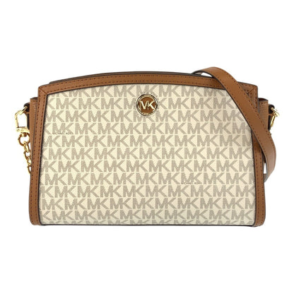 Michael Kors Mk Signature White Brown Gold Hardware Leather 00278 Shoulder Bag Pochette
