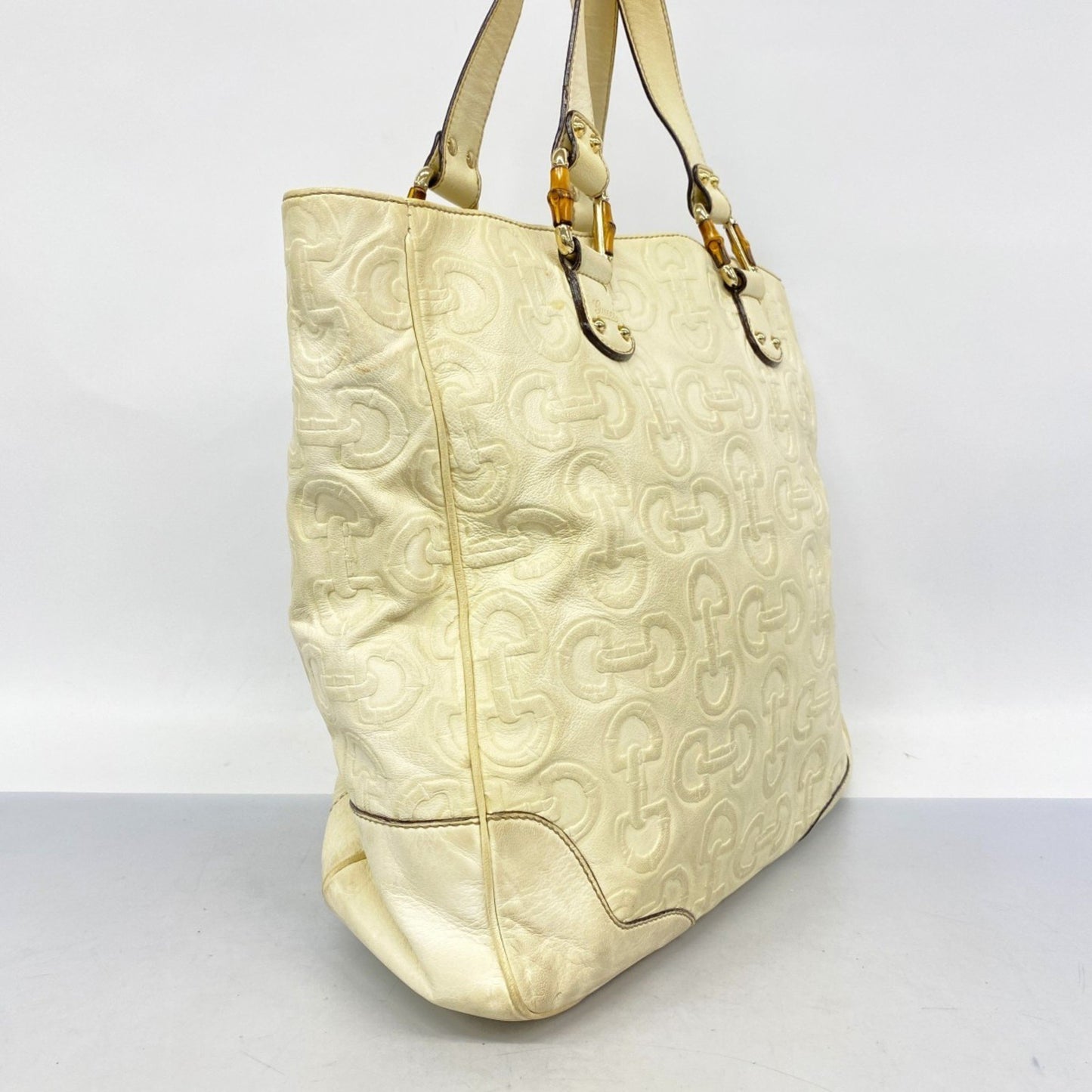 Gucci Bamboo Horsebit Handbag 154375 Leather Ivory Champagne