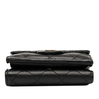 Chanel Matelasse Coco Mark Tri-Fold Wallet In Black With Gold Hardware And Caviar Leather