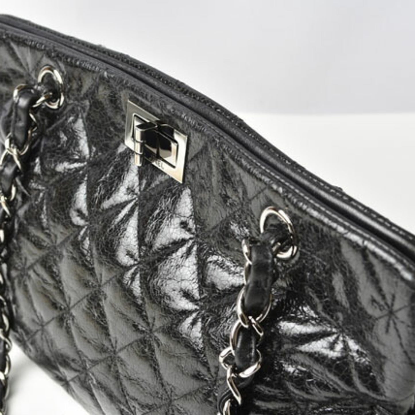 Chanel Tote Bag Chain Patent Leather Quilted Stitch Black