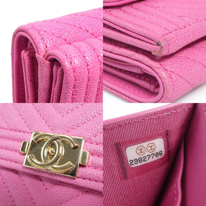 Chanel Tri-Fold Wallet Boy Chanel Caviar Skin Leather Pink Gold
