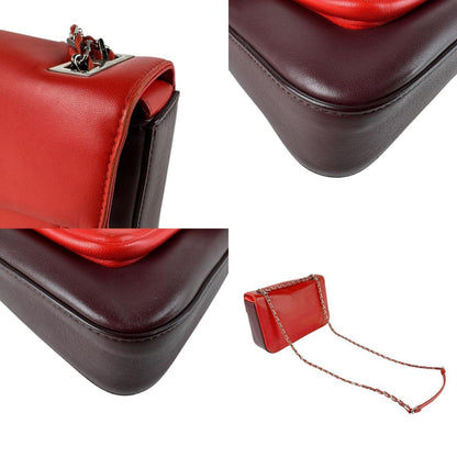 Fendi Shoulder Bag Leather Red Burgundy Silver