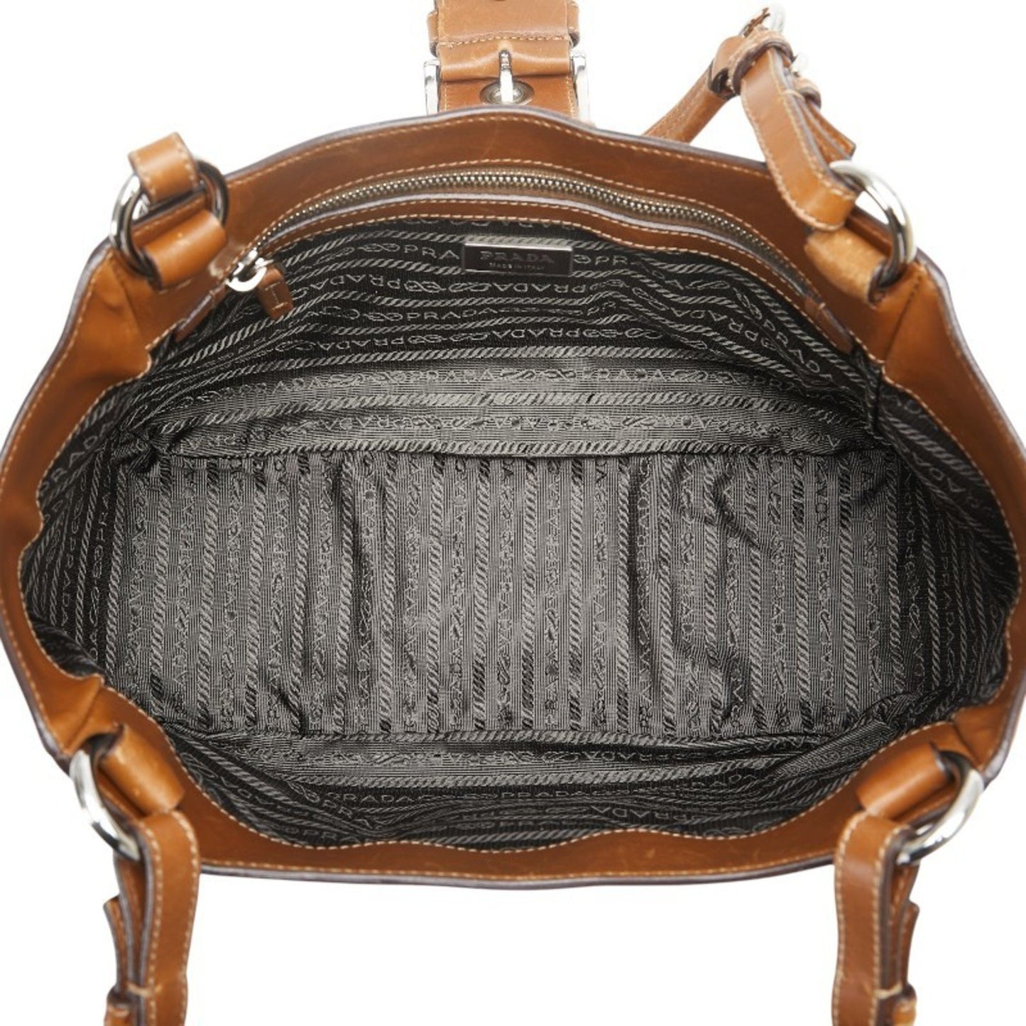 Prada Triangle Logo Plate Handbag Shoulder Bag Brown Nylon Leather