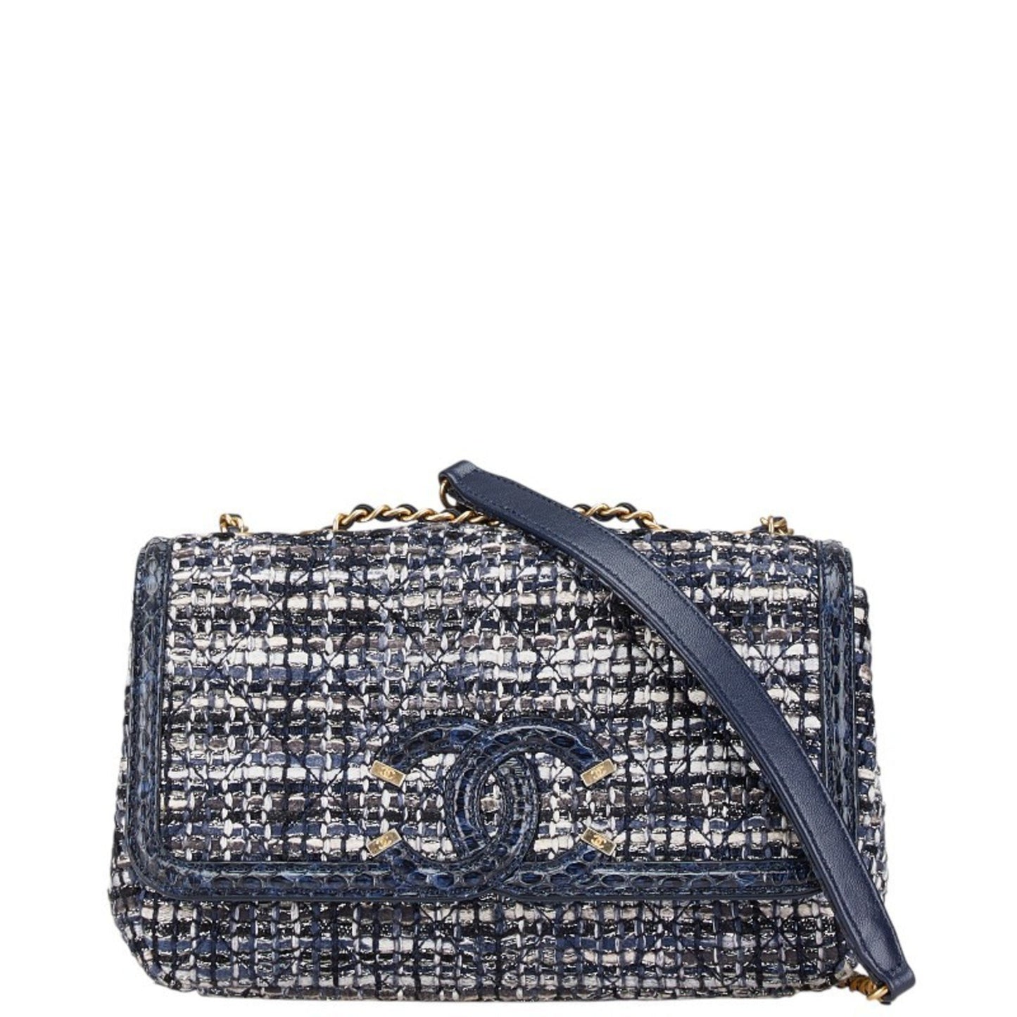 Chanel Cc Filigree Coco Mark Python Embossed Chain Shoulder Bag In Navy Tweed