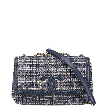 Chanel Cc Filigree Coco Mark Python Embossed Chain Shoulder Bag In Navy Tweed