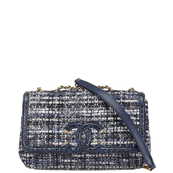 Chanel Cc Filigree Coco Mark Python Embossed Chain Shoulder Bag In Navy Tweed