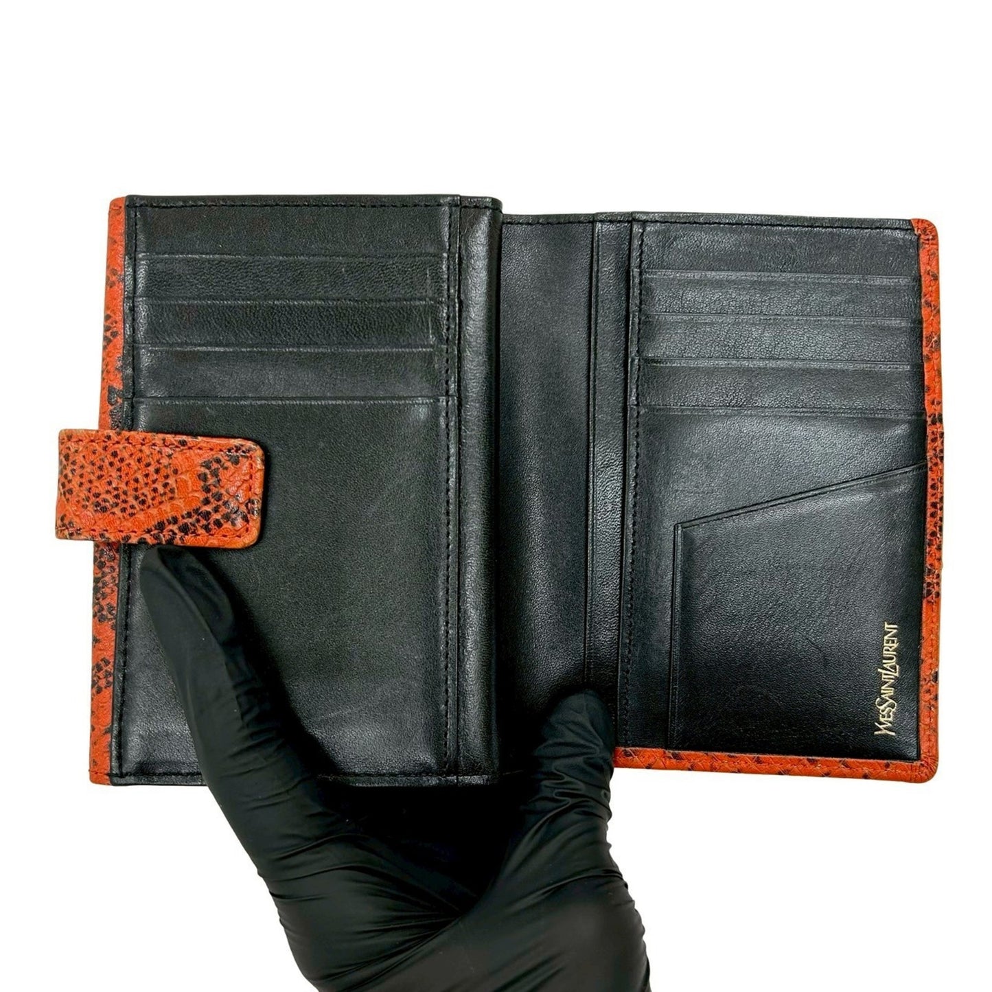 Yves Saint Laurent Logo Embossed Leather Bifold Wallet Orange Black 29891