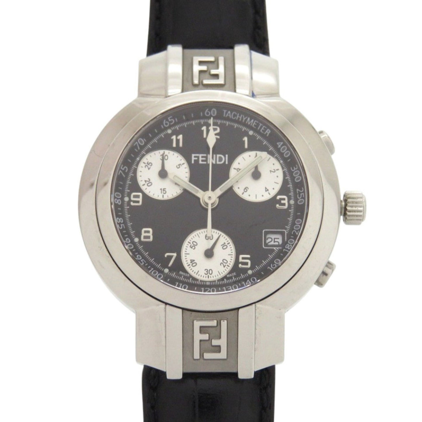 Fendi 4500L Horology Chronograph Stainless Steel Leather Black Quartz Watch