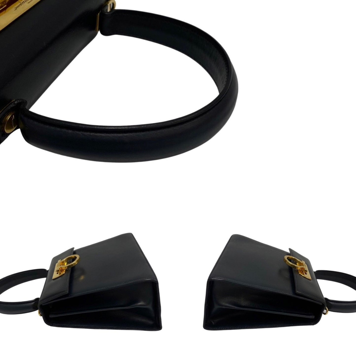 Salvatore Ferragamo Gancini Hardware Leather 2Way Shoulder Bag Handbag Navy