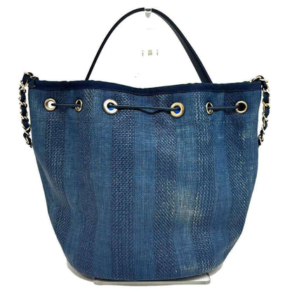 Chanel Deauville Shoulder Bag A57536 Raffia X Leather Drawstring Indigo Blue