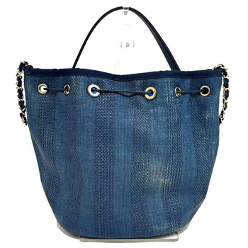 Chanel Deauville Shoulder Bag A57536 Raffia X Leather Drawstring Indigo Blue