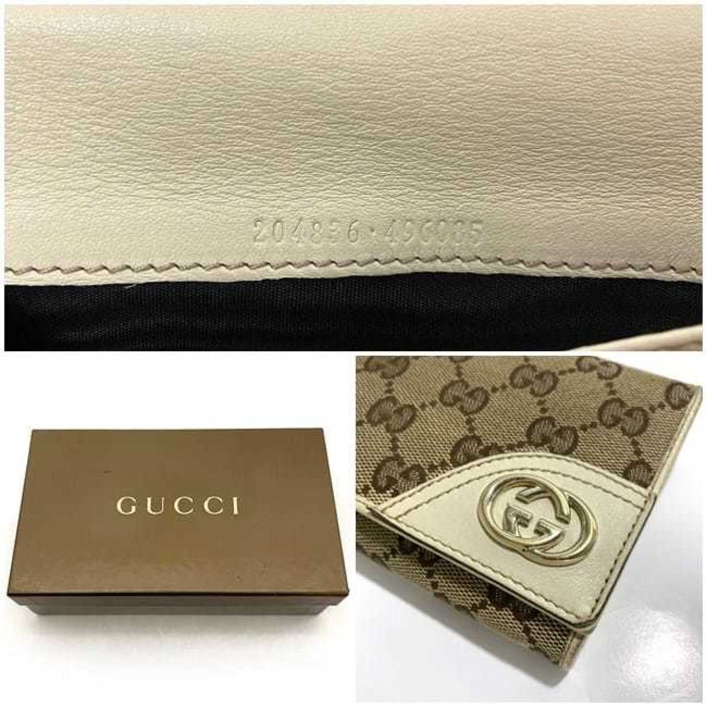 Gucci Bifold Long Wallet Beige White Brown Gold New Bullitt 204836 Gg Canvas Leather Gucci