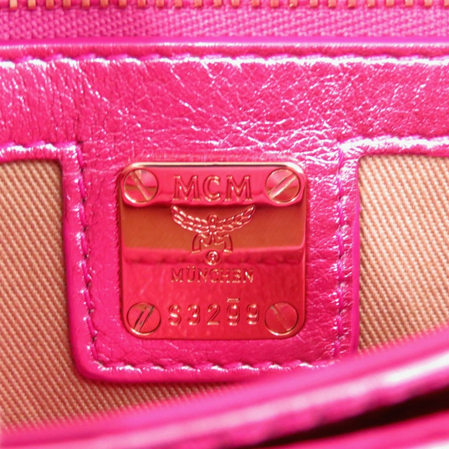 Like New Mcm Calfskin Metallic Pink Shoulder Bag With Gold Hardware And Chain Closure