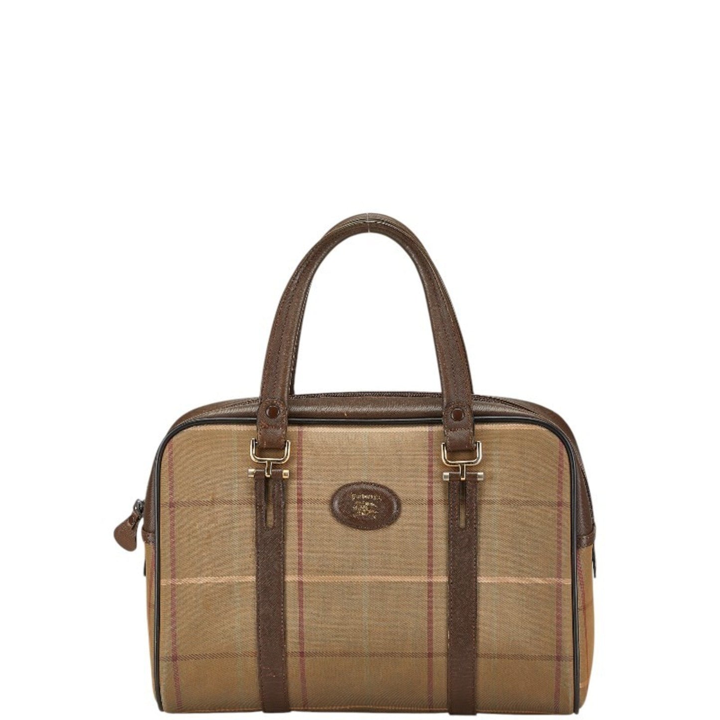 Burberry Check Shadow Horse Handbag Mini Boston Bag Khaki Brown Canvas Leather