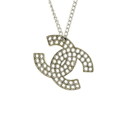 Chanel Coco Mark Punching Necklace Pendant Metal Silver 03 P