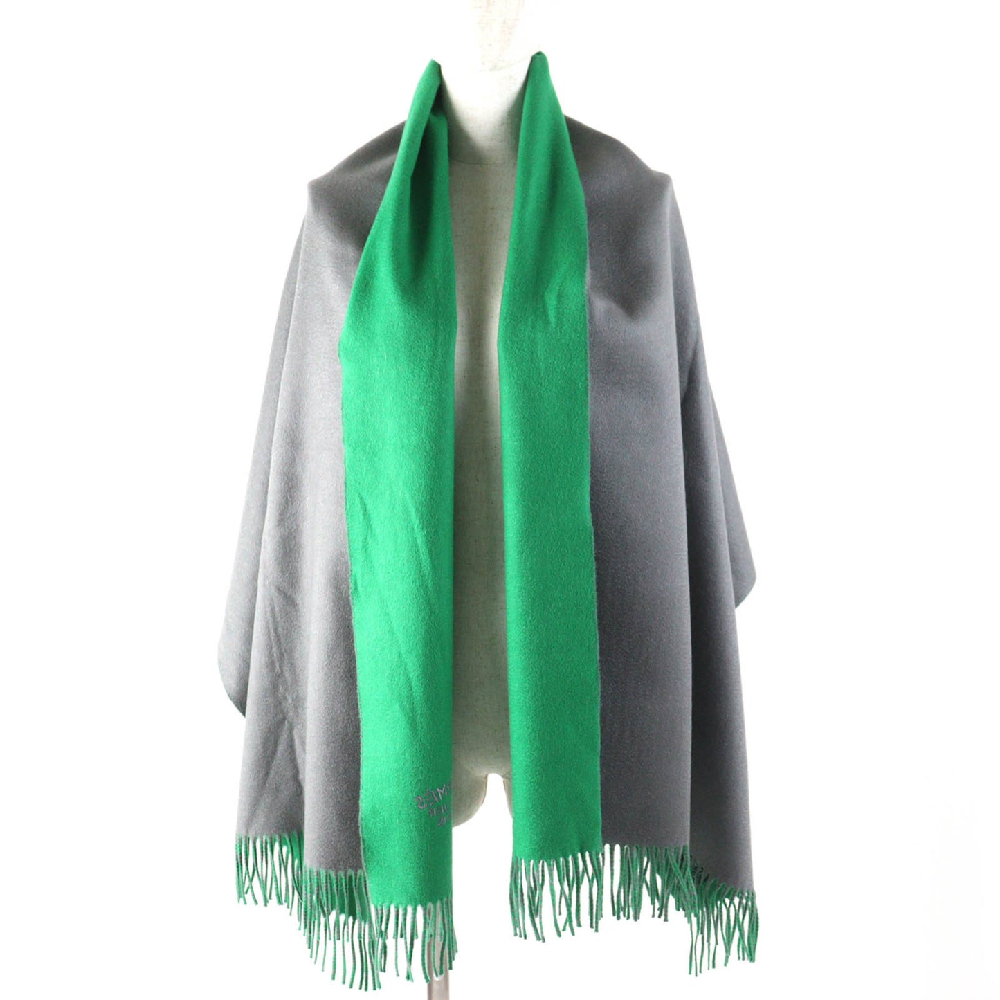 Hermes 100% Cashmere Logo Embroidered Two-Tone Fringed Large Shawl/Stole/Scarf