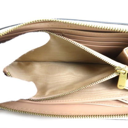 Christian Dior Round Zipper Long Wallet Leather Pink Beige