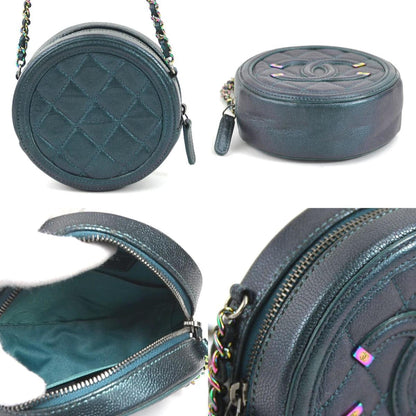 Chanel Shoulder Bag Matelasse Coco Mark Caviar Leather/Metal Metallic Dark Green/Aurora