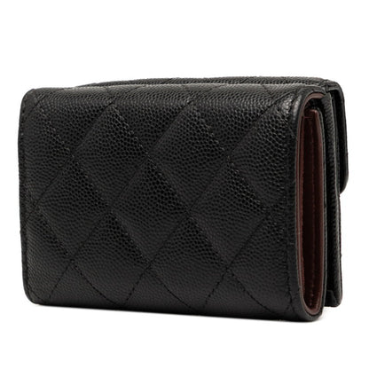 Chanel Matelasse Coco Mark Tri-Fold Wallet In Black With Gold Hardware And Caviar Leather