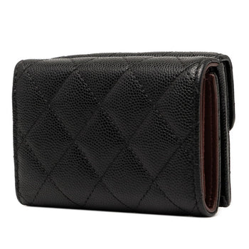 Chanel Matelasse Coco Mark Tri-Fold Wallet In Black With Gold Hardware And Caviar Leather