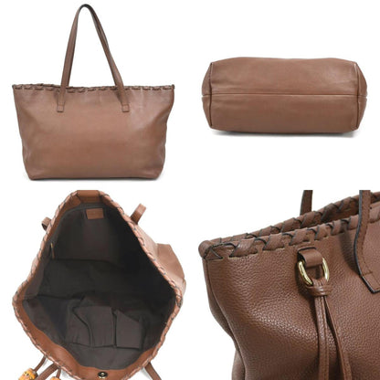 Gucci Shoulder Bag Tote Bamboo Tassel Leather Brown