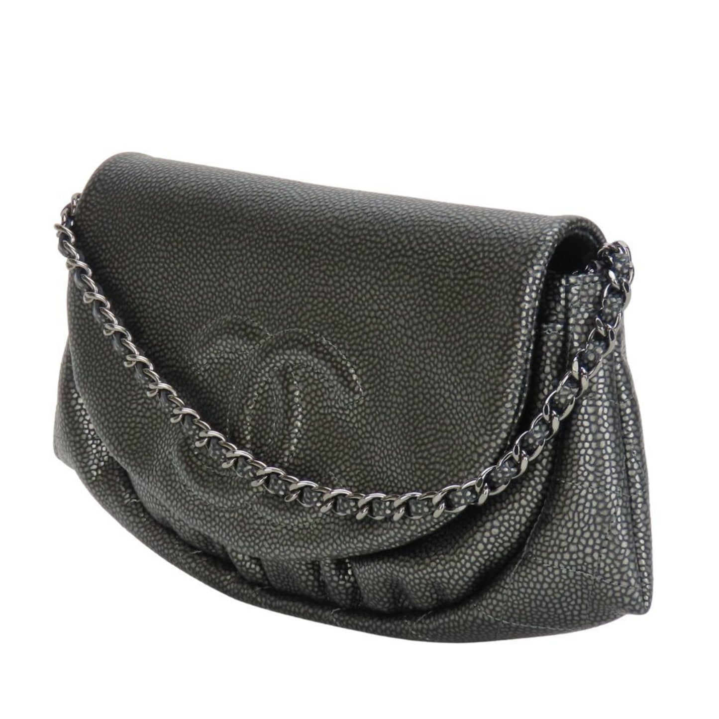 Chanel Half Moon Chain Wallet Shoulder Bag In Metallic Soft Caviar Leather With Silver Coco Mark