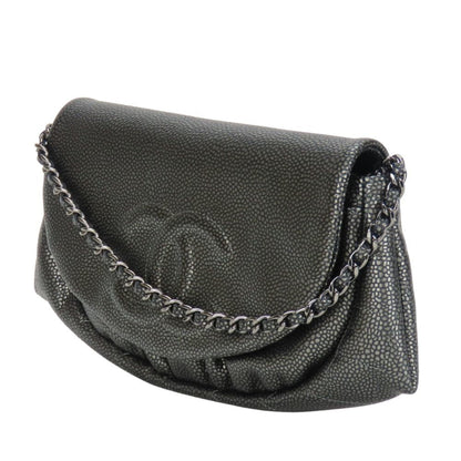 Chanel Half Moon Chain Wallet Shoulder Bag In Metallic Soft Caviar Leather With Silver Coco Mark