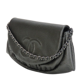 Chanel Half Moon Chain Wallet Shoulder Bag In Metallic Soft Caviar Leather With Silver Coco Mark