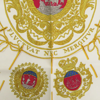 Herms Carr 45 Petit Paris Coat Of Arms Les Armes De Paris Silk Cream Gold Red Scarf Muffler 0155